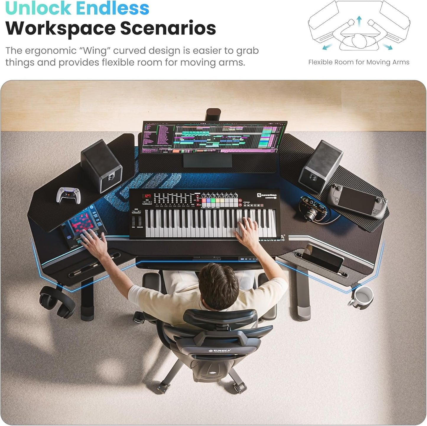 Gaming Desk, Standing Desk Keyboard Tray, 72" Wing Shaped Music Studio Desk Electric Adjustable Height Desk Sit Stand Desk with LED Shelves, Gaming Recording Live Stream, Slot Design