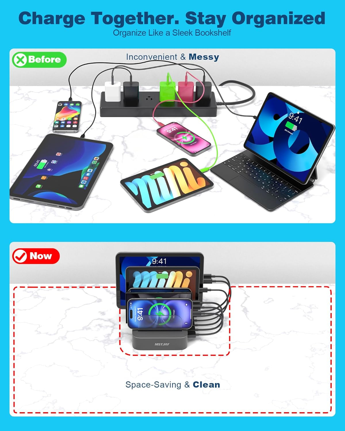 Charging Station for Multiple Devices,  5 Port Multi USB Charger Station with Power Switch Designed for Iphone Ipad Cell Phone Tablets (Gray, 7 Mixed Short Cables Included)
