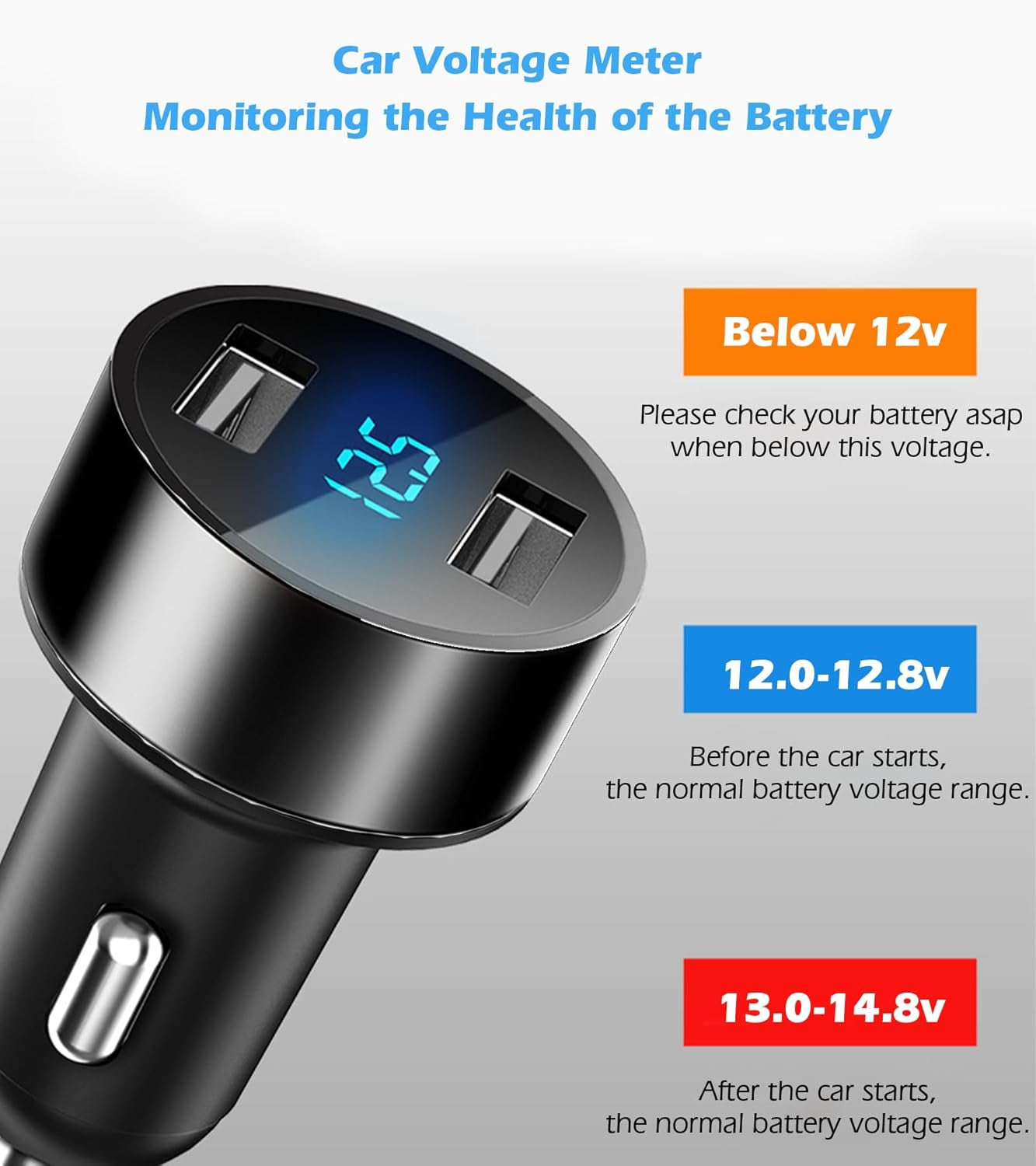 Dual USB Car Charger, 4.8A Output, 12/24 Volt USB Adapter Plug for Cigarette Lighter Voltage Meter, Compatible with Iphone,Ipad, Samsung Galaxy, LG, Google, Black