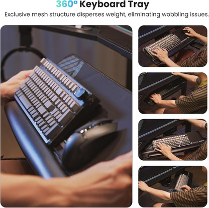 Gaming Desk, Standing Desk Keyboard Tray, 72" Wing Shaped Music Studio Desk Electric Adjustable Height Desk Sit Stand Desk with LED Shelves, Gaming Recording Live Stream, Slot Design