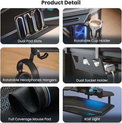 Gaming Desk, Standing Desk Keyboard Tray, 72" Wing Shaped Music Studio Desk Electric Adjustable Height Desk Sit Stand Desk with LED Shelves, Gaming Recording Live Stream, Slot Design