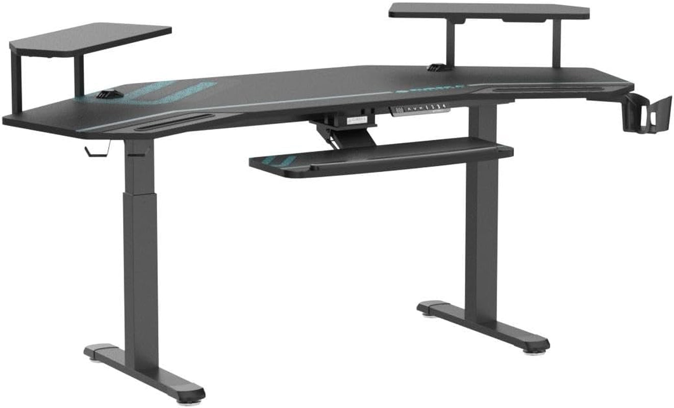 Gaming Desk, Standing Desk Keyboard Tray, 72" Wing Shaped Music Studio Desk Electric Adjustable Height Desk Sit Stand Desk with LED Shelves, Gaming Recording Live Stream, Slot Design