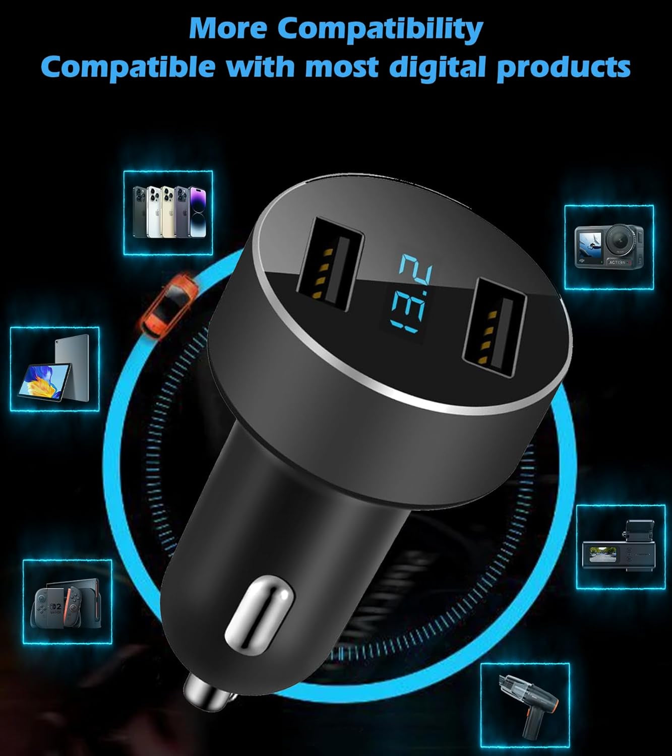 Dual USB Car Charger, 4.8A Output, 12/24 Volt USB Adapter Plug for Cigarette Lighter Voltage Meter, Compatible with Iphone,Ipad, Samsung Galaxy, LG, Google, Black