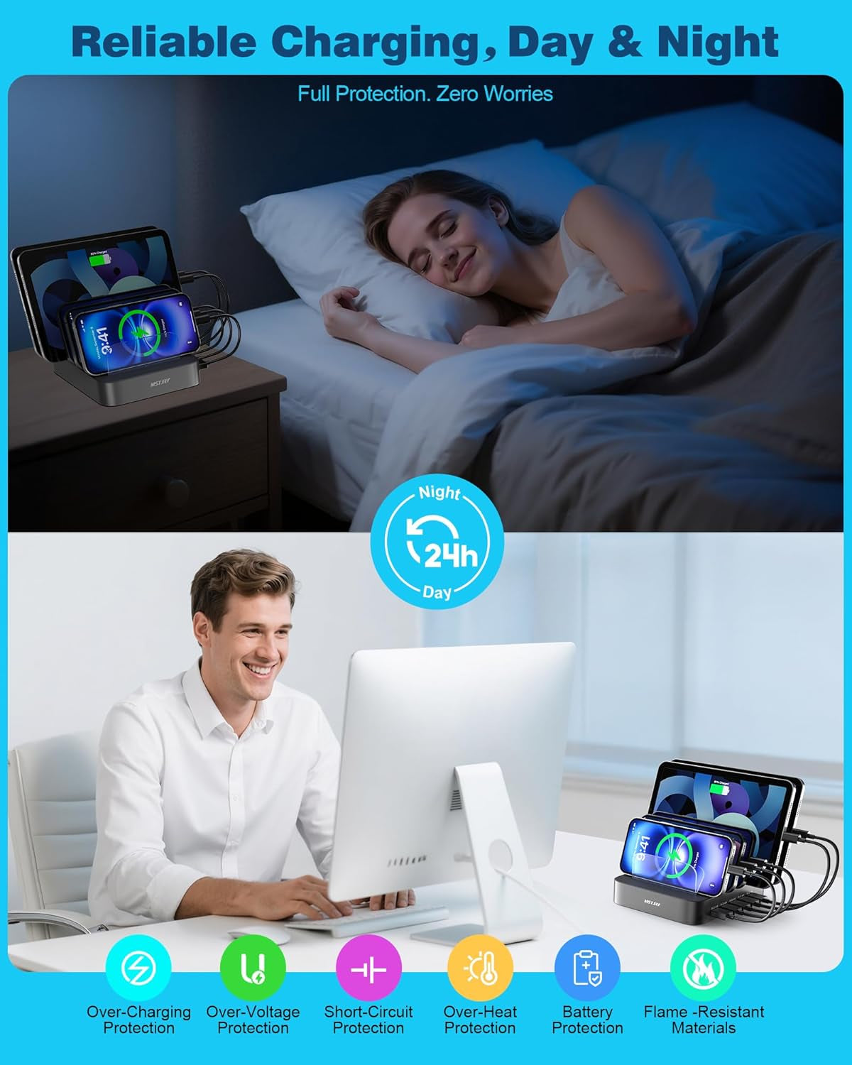 Charging Station for Multiple Devices,  5 Port Multi USB Charger Station with Power Switch Designed for Iphone Ipad Cell Phone Tablets (Gray, 7 Mixed Short Cables Included)