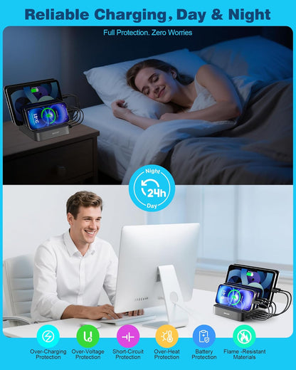 Charging Station for Multiple Devices,  5 Port Multi USB Charger Station with Power Switch Designed for Iphone Ipad Cell Phone Tablets (Gray, 7 Mixed Short Cables Included)