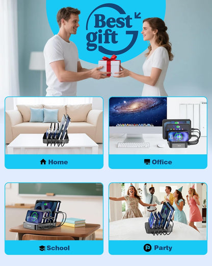 Charging Station for Multiple Devices,  5 Port Multi USB Charger Station with Power Switch Designed for Iphone Ipad Cell Phone Tablets (Gray, 7 Mixed Short Cables Included)