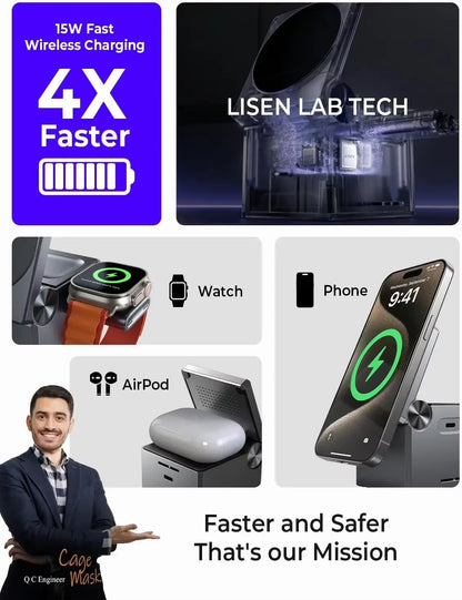 LISEN 3 in 1 Charging Station Cube for Multiple Devices Apple Fortravel Charger for Iphone 15 Pro Max Airpods Apple Watch