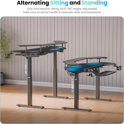 Gaming Desk, Standing Desk Keyboard Tray, 72" Wing Shaped Music Studio Desk Electric Adjustable Height Desk Sit Stand Desk with LED Shelves, Gaming Recording Live Stream, Slot Design