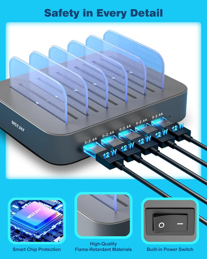 Charging Station for Multiple Devices,  5 Port Multi USB Charger Station with Power Switch Designed for Iphone Ipad Cell Phone Tablets (Gray, 7 Mixed Short Cables Included)