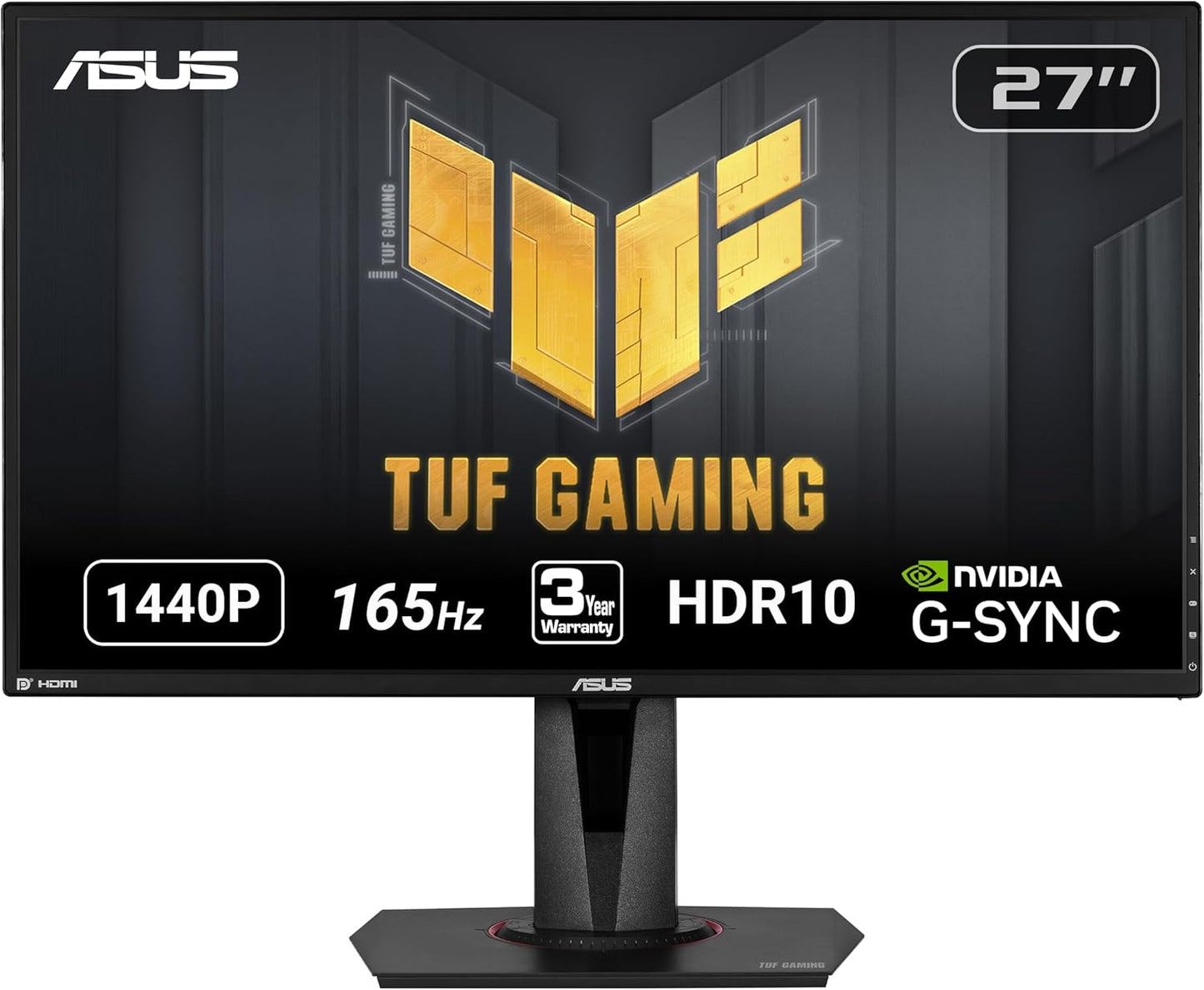 TUF Gaming 27" 2K HDR Gaming Monitor (VG27AQ) - WQHD (2560 X 1440), 165Hz (Supports 144Hz), 1Ms, Extreme Low Motion Blur, Speaker, G-SYNC Compatible, VESA Mountable, Displayport, HDMI
