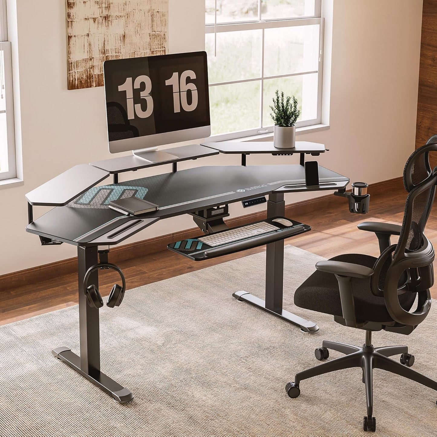 Gaming Desk, Standing Desk Keyboard Tray, 72" Wing Shaped Music Studio Desk Electric Adjustable Height Desk Sit Stand Desk with LED Shelves, Gaming Recording Live Stream, Slot Design