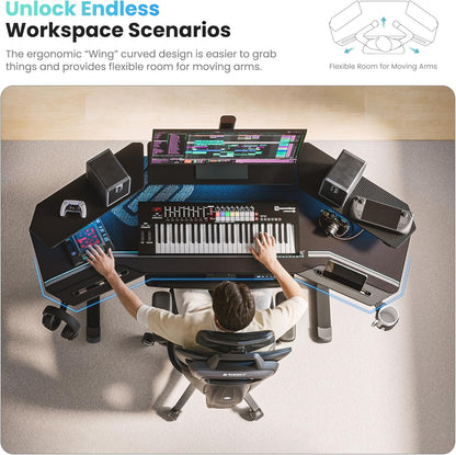 Gaming Desk, Standing Desk Keyboard Tray, 72" Wing Shaped Music Studio Desk Electric Adjustable Height Desk Sit Stand Desk with LED Shelves, Gaming Recording Live Stream, Slot Design